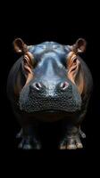 Large hippo standing confidently against a dark background with impressive features visible under lighting photo