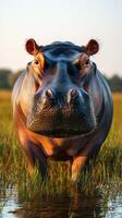 Close encounter with a hippo in a tranquil wetland during golden hour at sunset photo