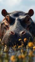 Hippopotamus emerges from the water surrounded by yellow flowers during a sunny day in the wilderness photo