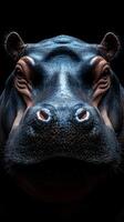 Close-up view of a hippo showcasing detailed features in a dark environment photo