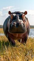 Hippo approaches the shore at sunset in natural habitat with lush grass and calm water photo