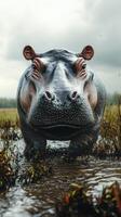 Hippo standing in wetland during overcast weather showcasing its majestic presence in the natural habitat photo