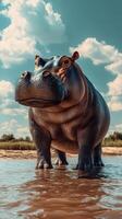 Hippo standing in shallow water under a blue sky with fluffy clouds during the day photo