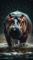 Hippopotamus wades through water under rain, showcasing its impressive size and features in a natural habitat setting photo