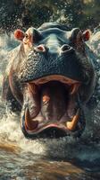 Massive hippopotamus roaring in the water creating splashes during midday under bright sunlight photo