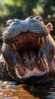 Hippo displays formidable teeth while submerged in water during a sunlit afternoon in the wild photo