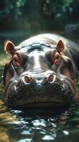 Hippo resting in calm waters during the afternoon at a wildlife sanctuary showcasing its massive features and serene demeanor photo