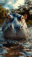 Hippopotamus emerges from water in a natural habitat during sunset in Africa photo