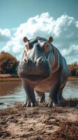 Hippo wading near a serene riverbank under a clear blue sky on a sunny day in an African landscape photo