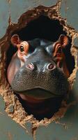 Hippo emerges from a wall with an unexpected surprise in a playful and imaginative setting photo