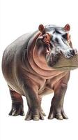 Large hippo standing confidently on a white background, showcasing its distinctive features and powerful physique photo