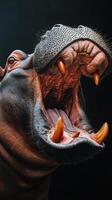 Majestic hippopotamus displaying its massive jaws in a close-up view with dramatic lighting photo