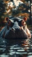 Close-up of a hippo in shallow water during golden hour at a serene riverside location photo