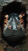 Hippopotamus peering through a hole in a rocky surface in a natural habitat during daylight photo
