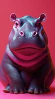 Vibrant artistic portrayal of a hippo against a bright pink background showcasing unique colors and textures photo