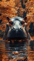 Hippo cooling off in a serene forest lake surrounded by vibrant autumn foliage photo