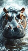 Majestic hippo surfacing in the water showcases its strength against the backdrop of natural splendor photo