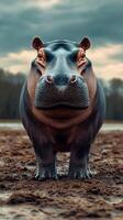 Large hippo standing in muddy terrain under cloudy sky during late afternoon photo