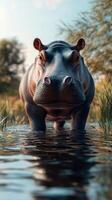 Hippo wades through serene water as sunlight filters through foliage in a tranquil natural habitat photo