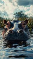 Large hippopotamus relaxing in shallow water with grass in the background during a bright sunny day photo