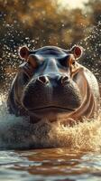 Hippo splashes water while emerging from the river in a natural habitat during golden hour photo