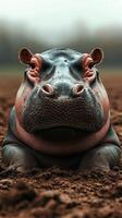 Large hippopotamus resting on the muddy ground in a lush habitat during early morning light photo