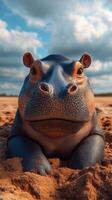 Hippo relaxing on sandy shore under blue sky and fluffy clouds during golden hour in the wild photo