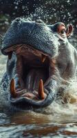 Hippo opens its mouth wide in the water while enjoying a sunny day in a river habitat photo