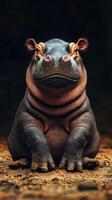 Hippo sitting calmly on sand with expressive features in a wildlife setting photo