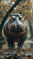 Large hippo standing by the water's edge in a serene landscape during early morning light photo