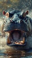 Hippo emerges from river, displaying powerful presence during sunny day in African wilderness photo