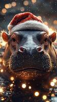 Hippo wearing a Santa hat with festive lights in the background during the holiday season photo