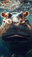 Hippo swimming underwater in clear water with bubbles in a natural habitat during the daytime photo