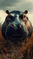 Large hippopotamus resting in tall grass under a dramatic sky during late afternoon photo
