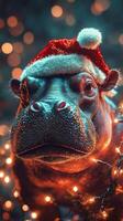 Hippo dressed in festive Santa hat surrounded by glowing lights during holiday celebration photo