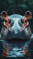 Hippo swimming in calm water with droplets around its head in a serene environment during daylight photo