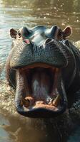 Hippo opens its mouth wide in a river during the warm light of day near tranquil waters photo