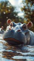 Close-up of a hippo emerging from water in a natural setting during daylight near a riverbank photo