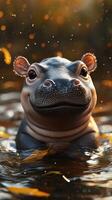Young hippopotamus relaxing in calm water with golden leaves shimmering in sunlight photo