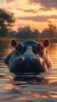Hippo surfaces in tranquil waters at sunset, creating a serene wildlife moment in its natural habitat photo