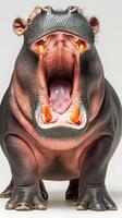 Massive hippopotamus yawning wide, showing large teeth and distinctive features in a neutral setting photo