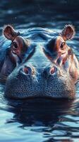 Hippo emerges from water during golden hour in serene wildlife environment photo