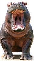 Large hippo yawning in bright daylight, showcasing its impressive teeth and wide mouth photo