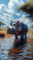 Hippo wades through a serene waterway in a savanna landscape under a bright blue sky in mid-afternoon photo