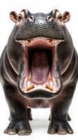 Hippo shows its powerful jaws while standing in a light background during a calm moment in a sanctuary photo
