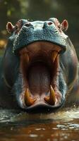 Hippo roaring while submerged in water at sunset in its natural habitat photo