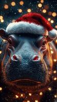 Happy hippo wearing a Santa hat surrounded by festive lights during the holiday season photo