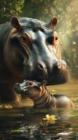 Mother hippo and calf enjoying a tranquil moment in a serene river environment filled with lush flora photo