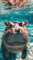 Hippopotamus swimming underwater in clear water during midday light in a natural habitat photo