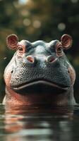 Hippo emerges partially from the water in a serene natural setting during the golden hour light photo